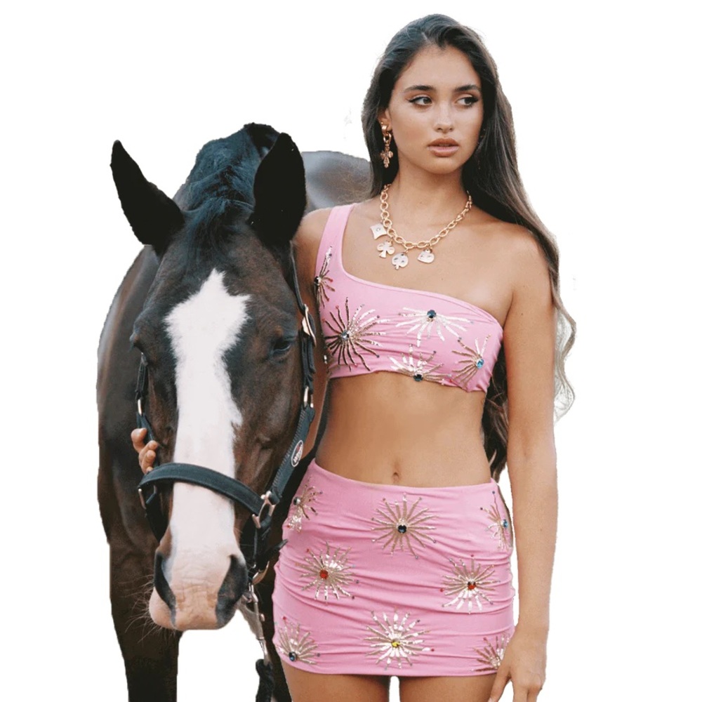 Oceanus Callie Co-ord Taupe top & skirt set